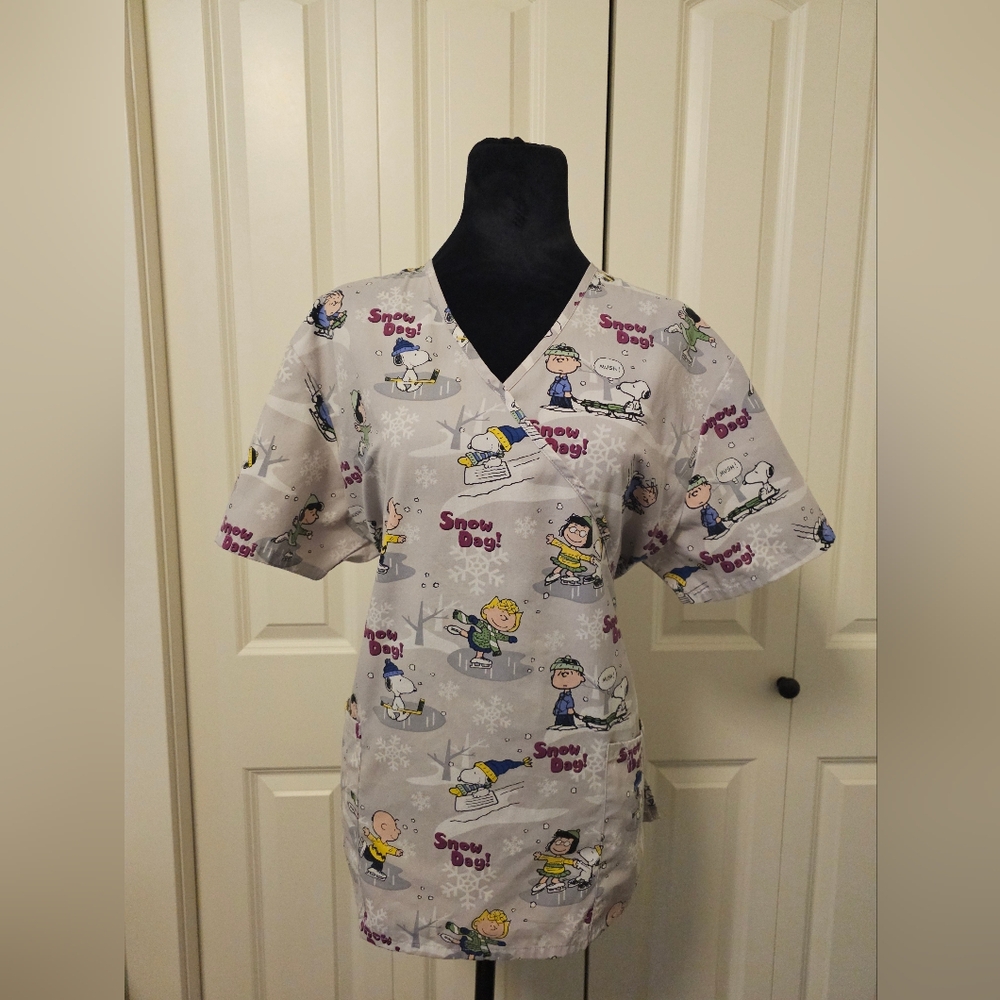 Peanuts Scrub Top Charlie Brown Snoopy Snow Day V Neck